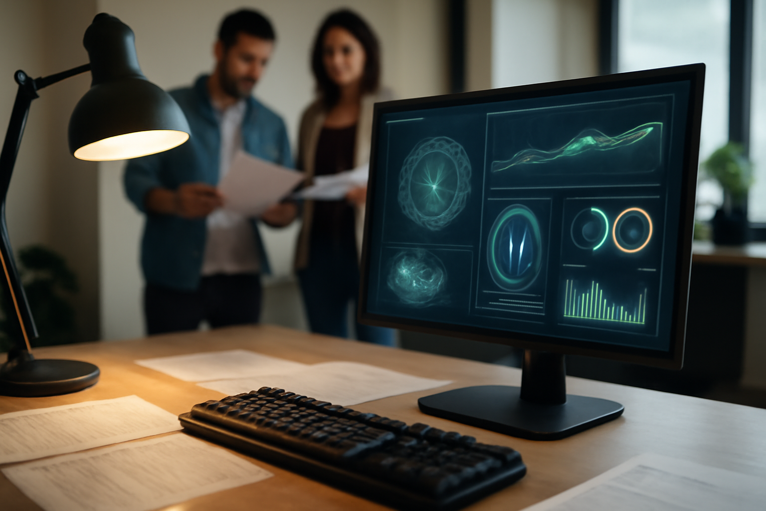 GPT 5.2 sur un écran d’ordinateur avec interface d’analyse et documents, lumière de bureau réaliste