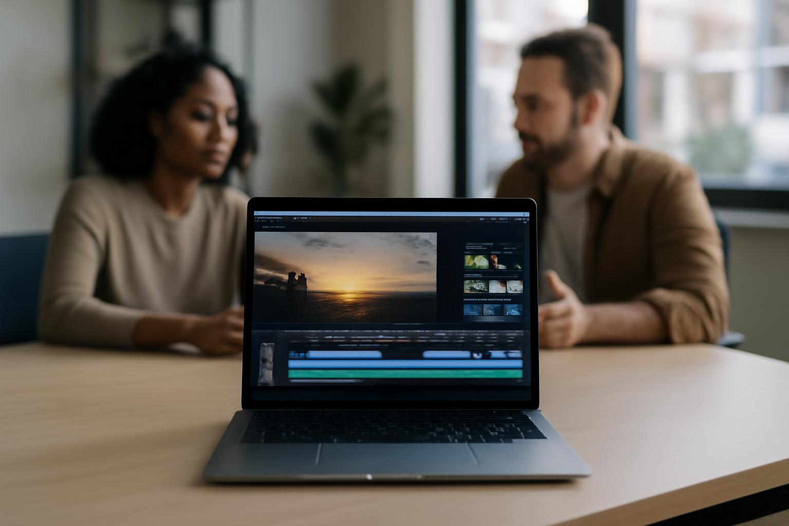 wan ia en action : studio photo réaliste, ordinateur affichant un storyboard vidéo, lumière douce, équipe marketing en arrière-plan