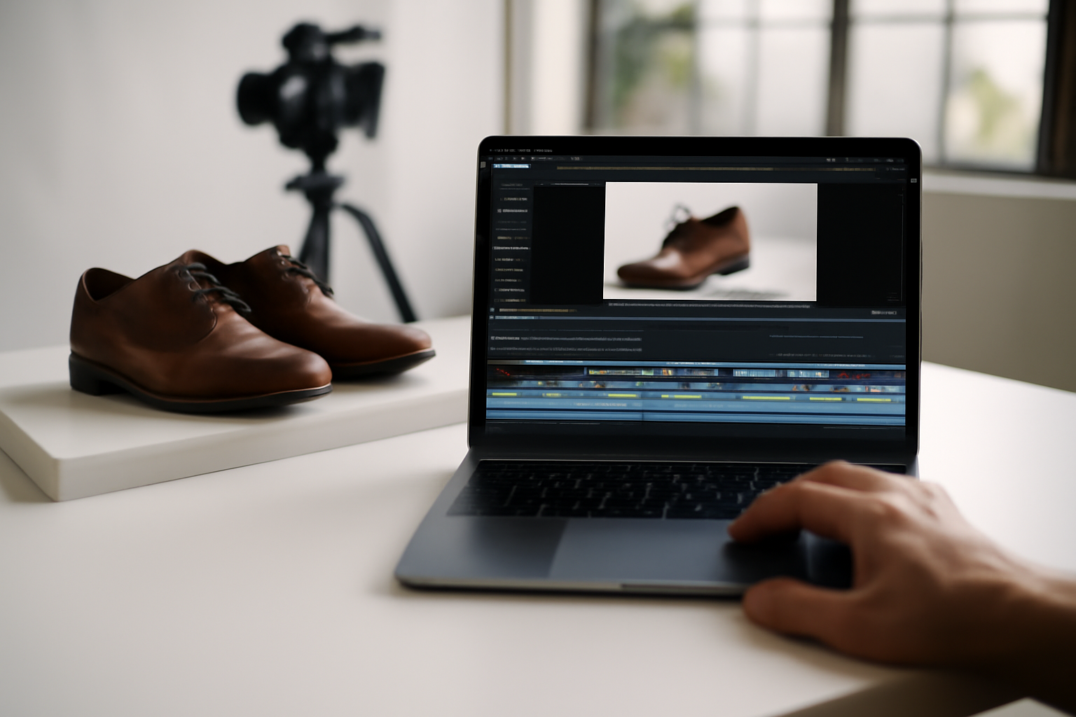 comparatif wan ia : écran avec sous-titres et timeline, studio e-commerce, produit sur table, lumière naturelle, rendu photo réaliste