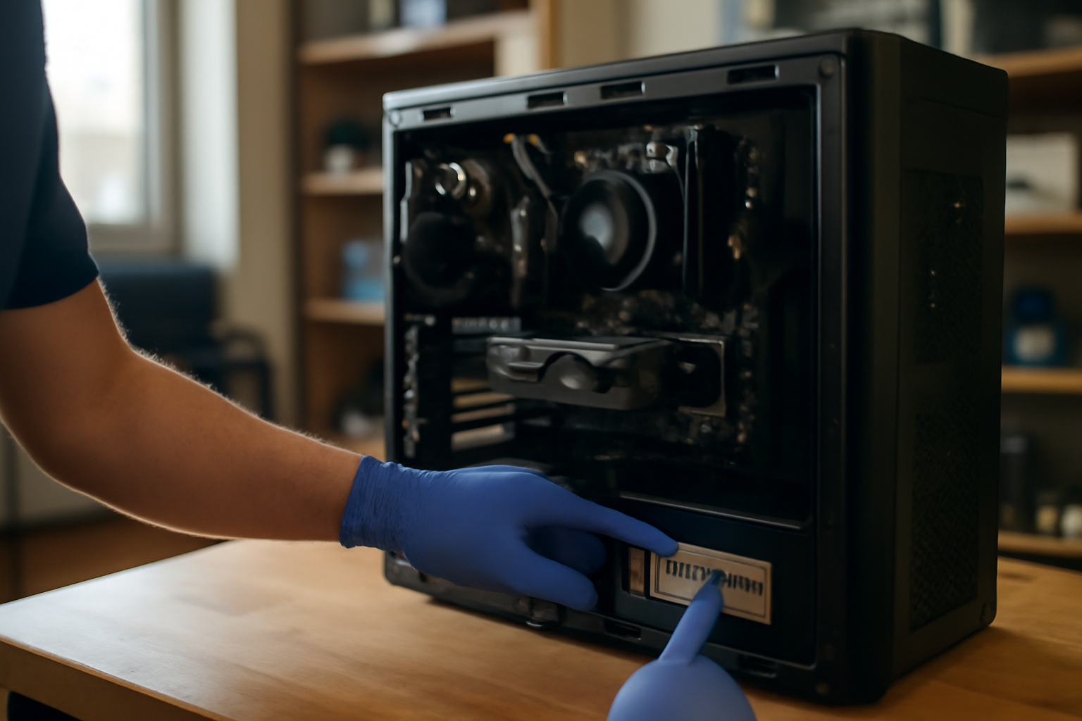 calculer la puissance alimentation pc : photo réaliste d’un PC de bureau ouvert avec étiquette du bloc d’alimentation et composants visibles