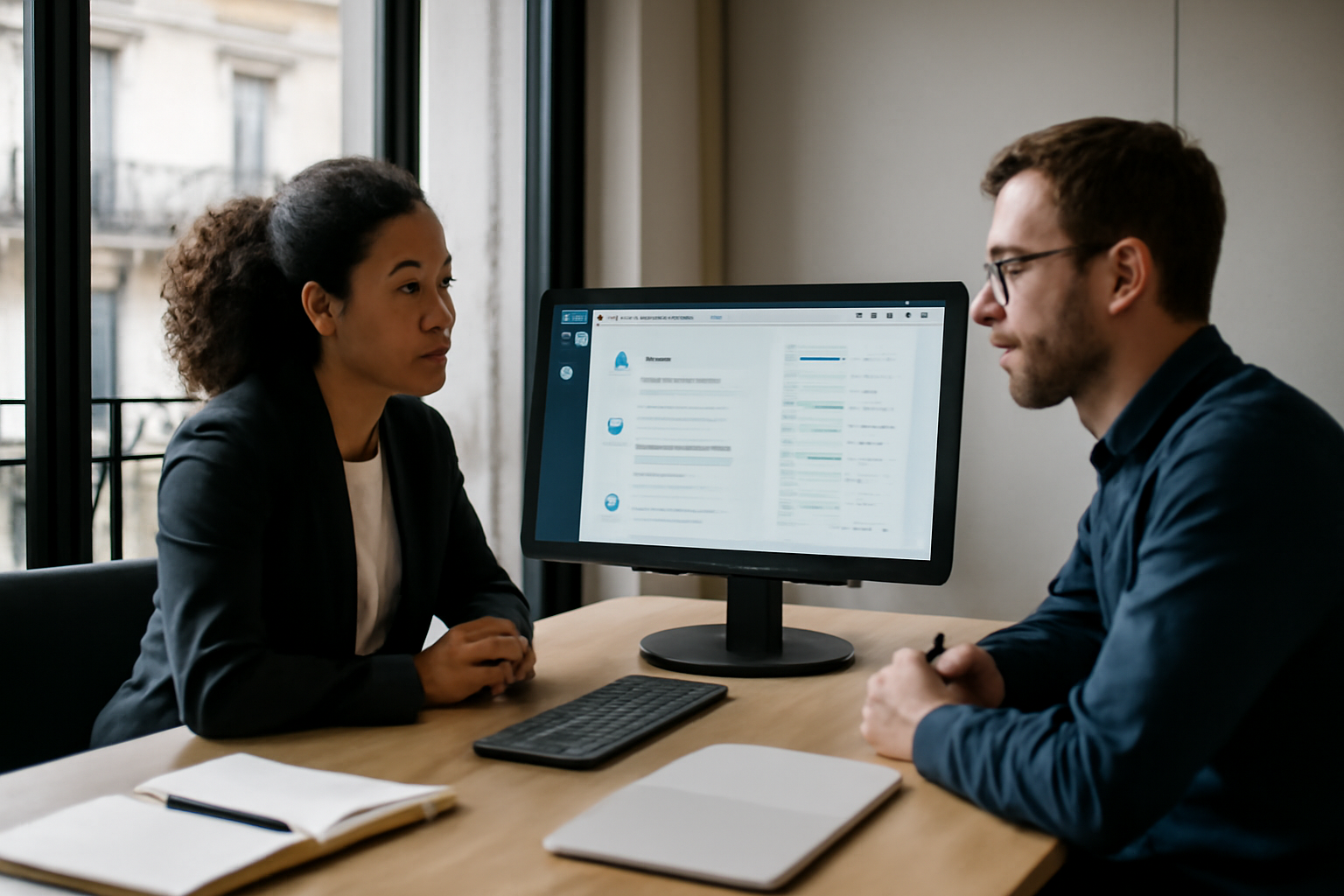 chatbase agents IA sur écran d’ordinateur, équipe en salle de réunion