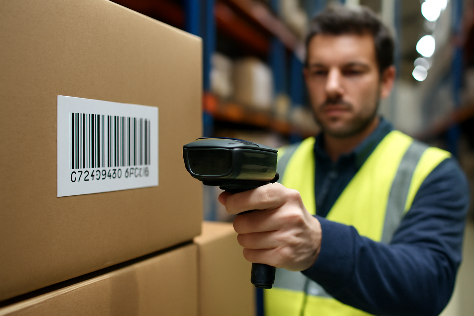 Code barre 128 sur étiquette logistique scannée par un lecteur 1D