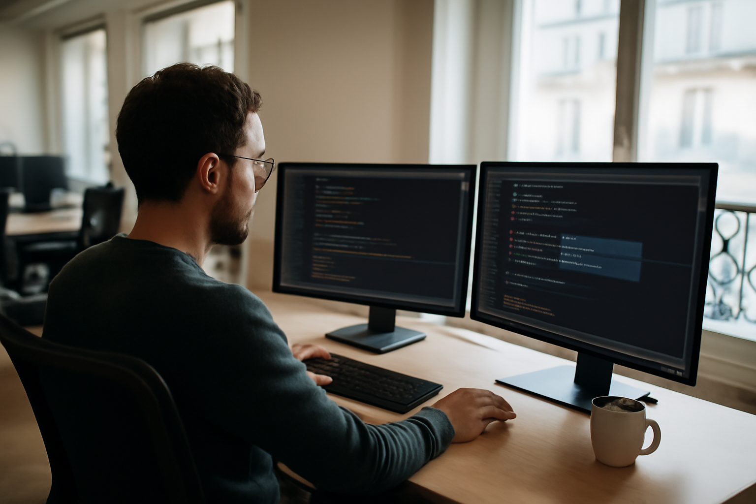 Développeur utilisant un assistant de codage Codeium dans un IDE sur écran lumineux