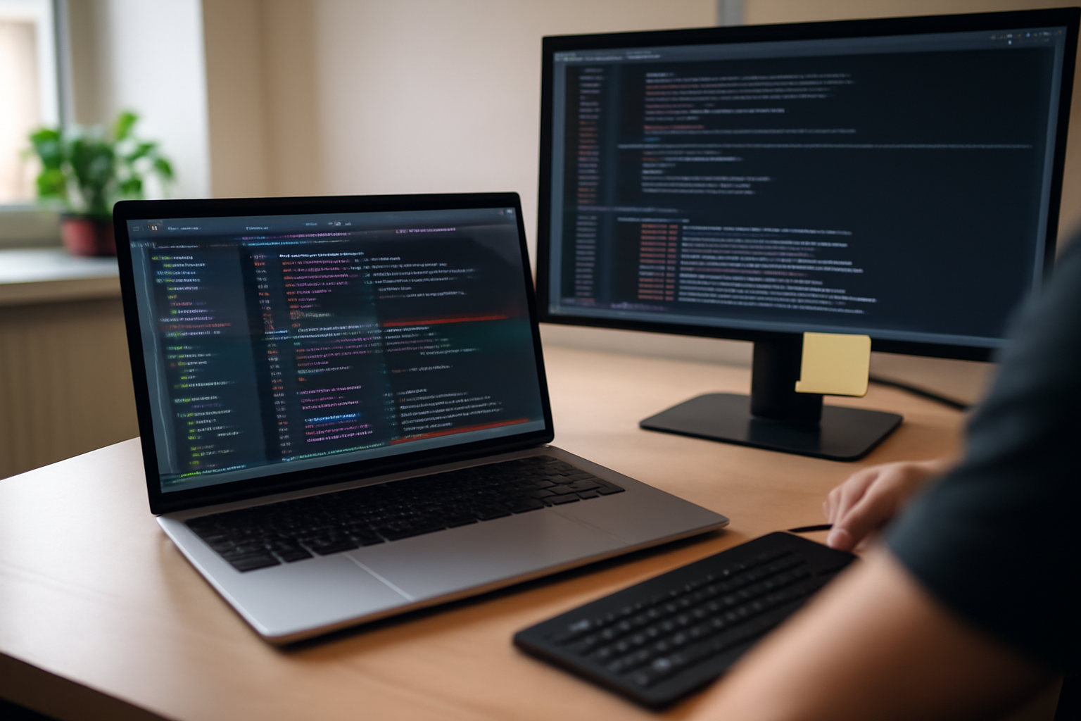 Tableau de validation avec tests unitaires et linters à côté d’un IDE affichant des suggestions de code