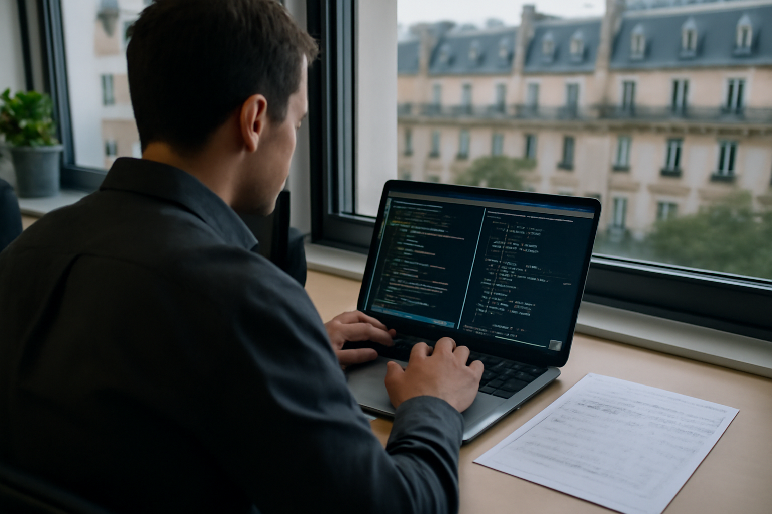 deepseek-r1 sur un écran avec code et équations, ambiance bureau tech