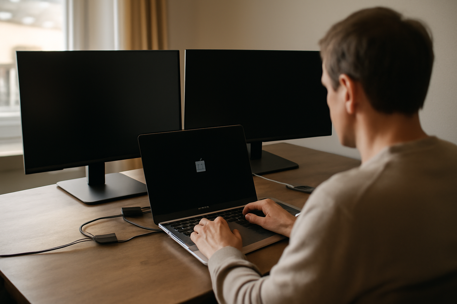 Écran noir windows 10 sur un PC Windows 10, câbles HDMI et moniteurs dans un bureau lumineux