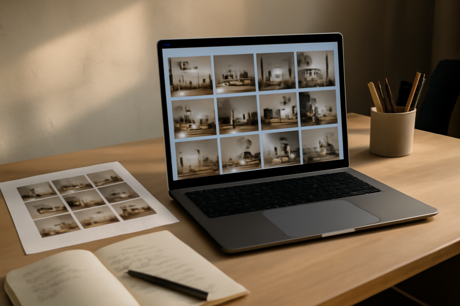 ia banana : série de visuels comparés sur un écran, photo réaliste, bureau avec ordinateur et impressions