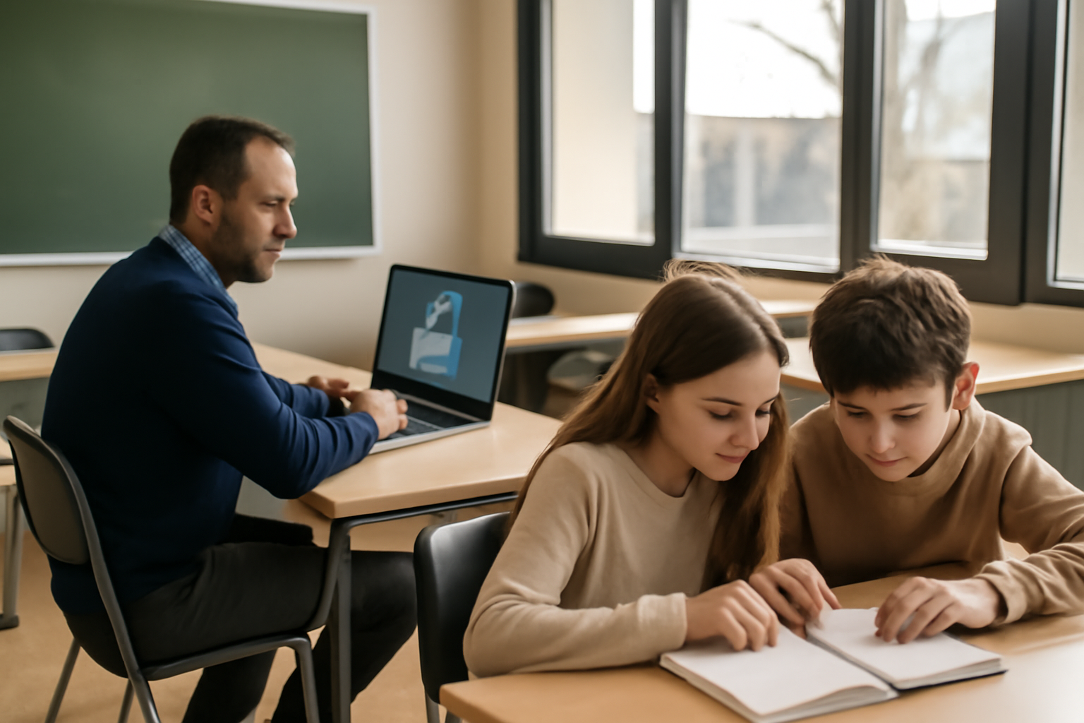 mizou : photo réaliste d’un enseignant utilisant un chatbot éducatif sur un ordinateur portable en classe