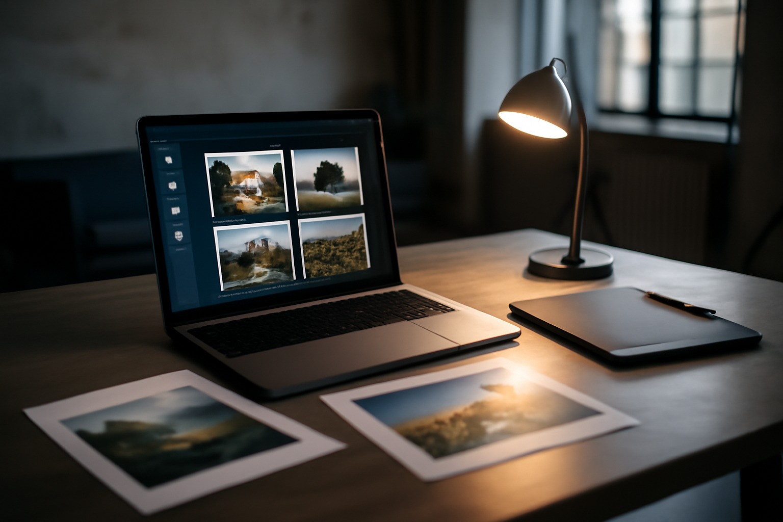 Poste de travail créatif avec openart ai affiché sur un écran, exemples d’images et timeline vidéo en arrière-plan, lumière de studio