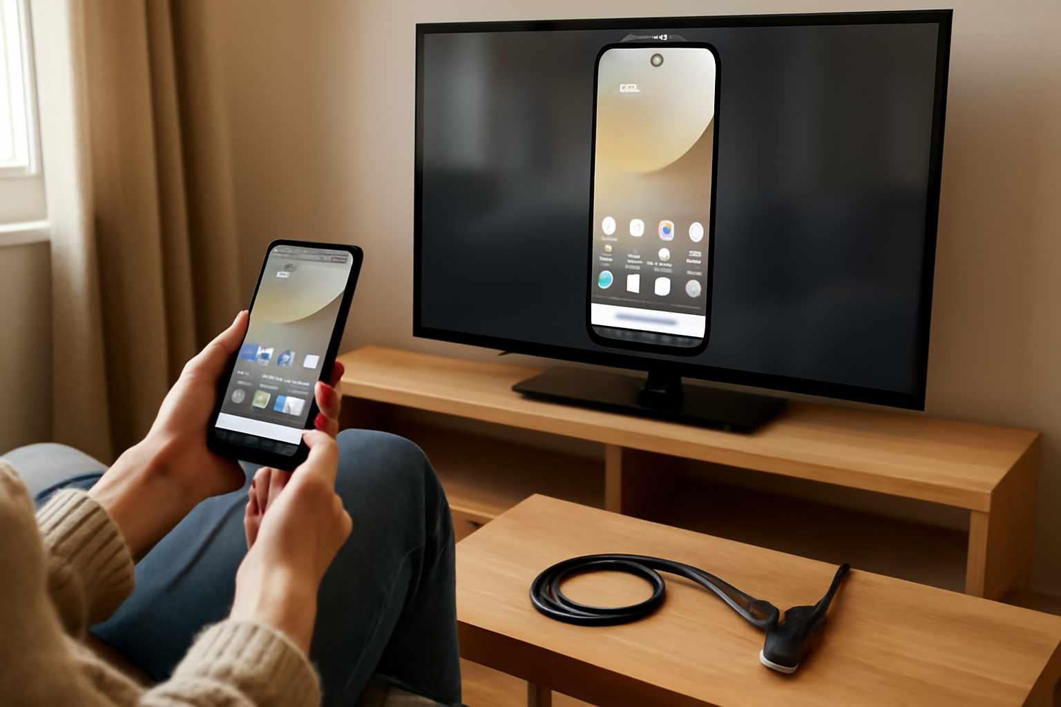 partager ecran telephone sur tv sans wifi avec adaptateur HDMI sur table salon