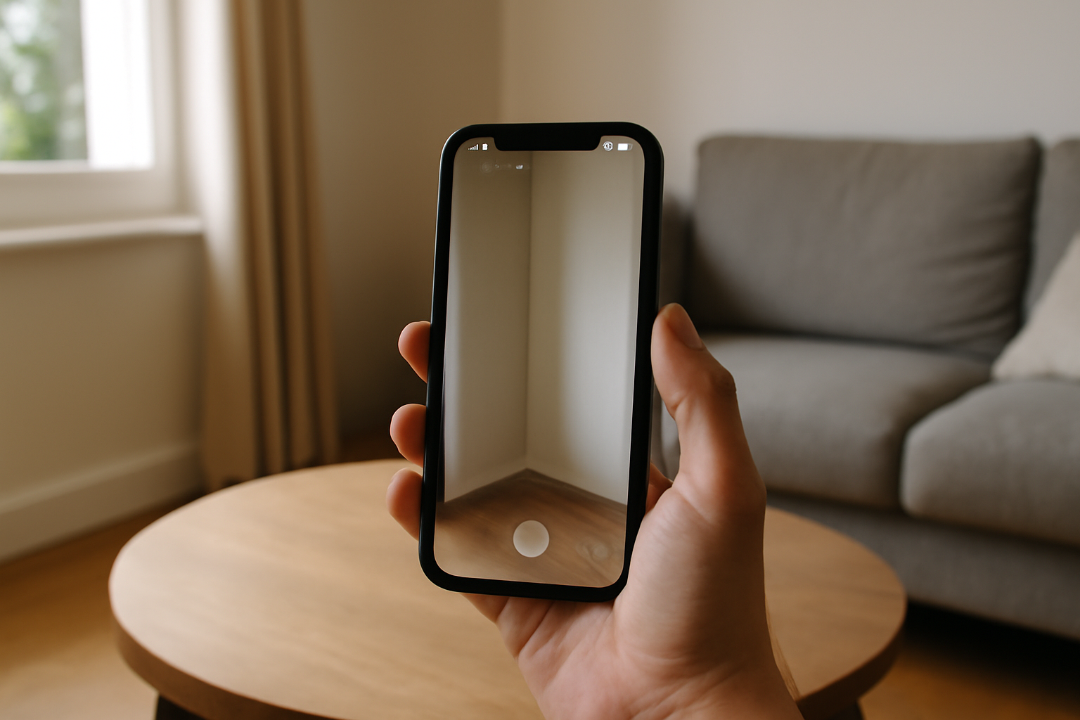 polycam scan 3D sur smartphone iPhone avec LiDAR dans un salon lumineux