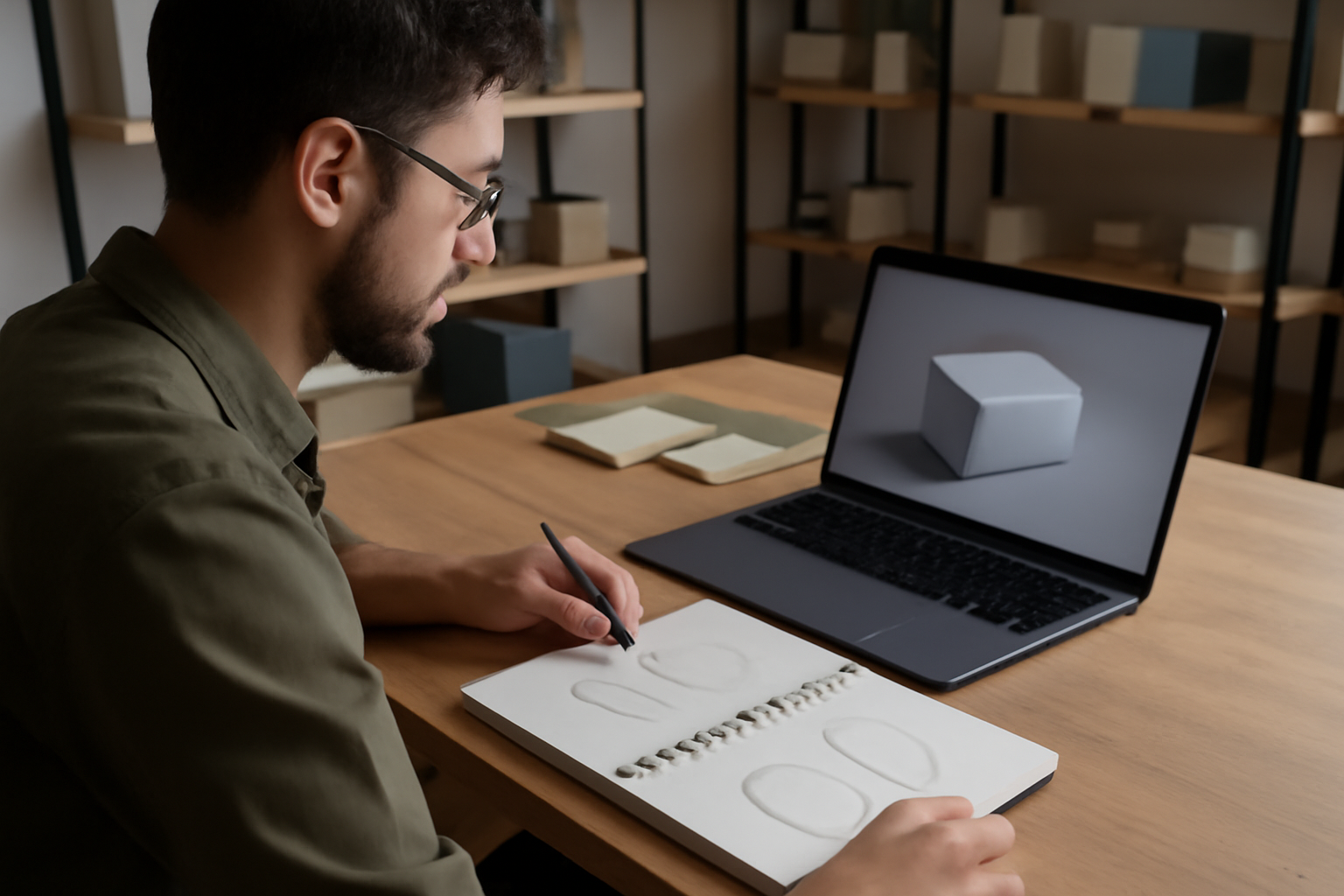vizcom : studio photo réaliste montrant un designer avec un carnet de croquis et un écran affichant un rendu 3D photoréaliste