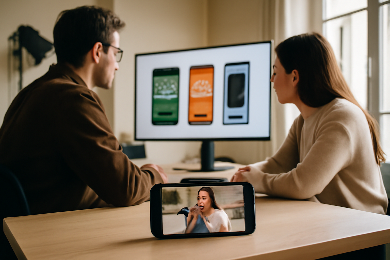 arcads générer des publicités IA UGC vidéo et images sur mobile, équipe marketing en studio lumineux