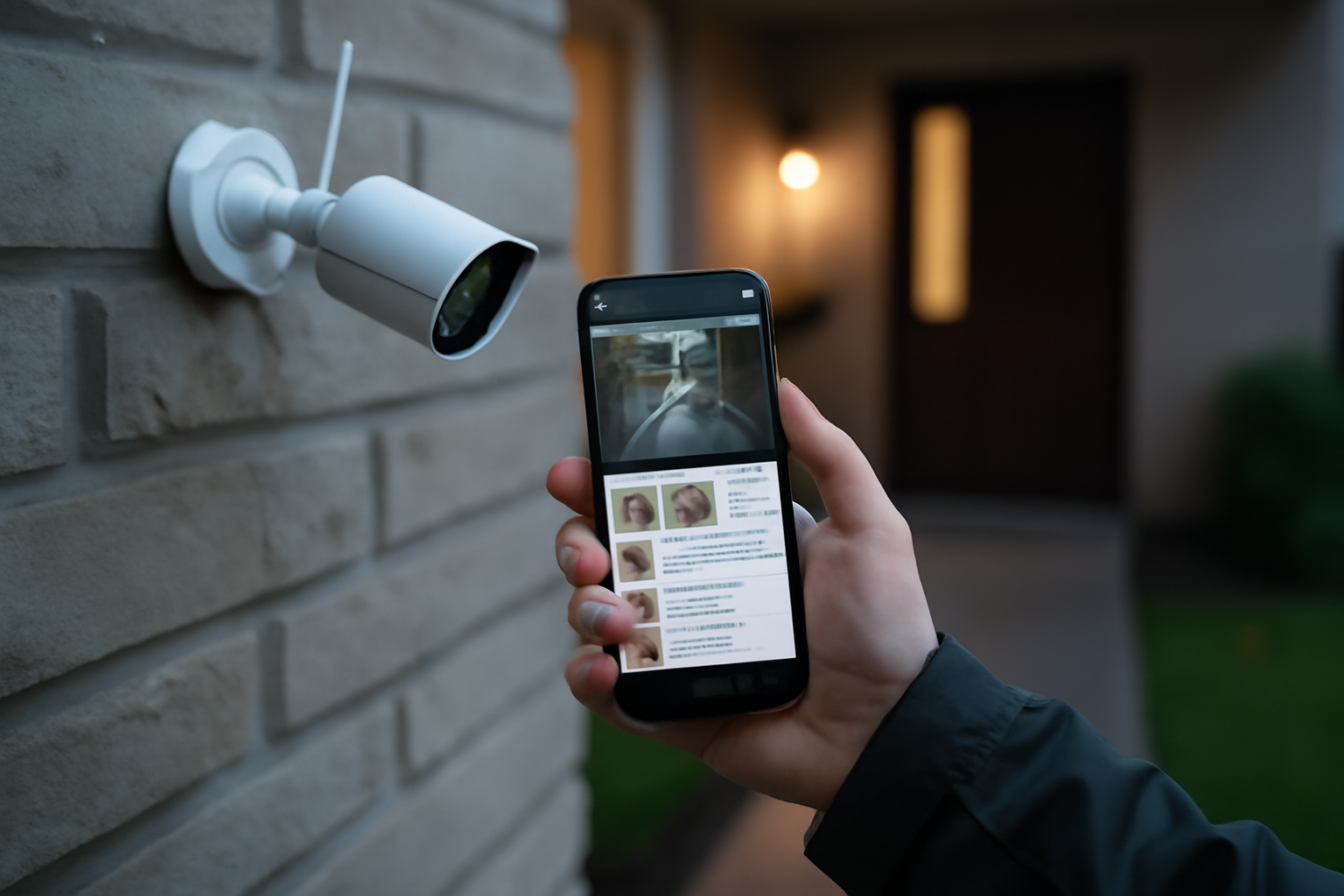 dmss camera sur smartphone affichant une vue en direct de vidéosurveillance, maison résidentielle au crépuscule