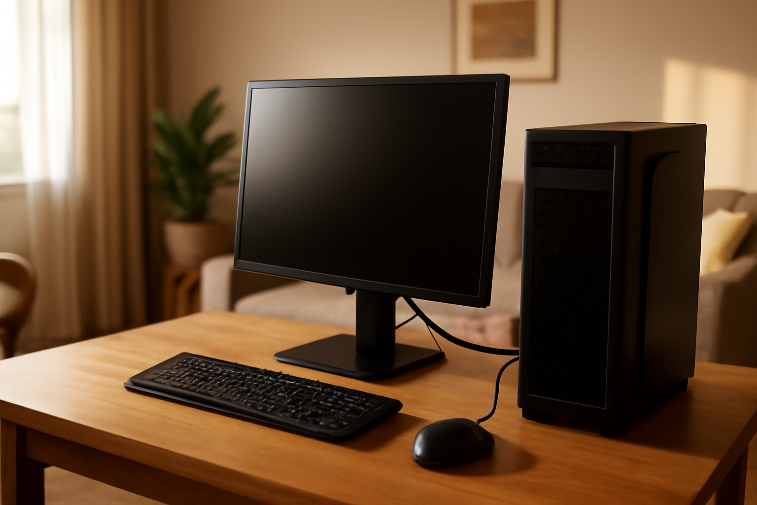 ecran noir pc sur bureau Windows avec câble HDMI et écran éteint, lumière réaliste