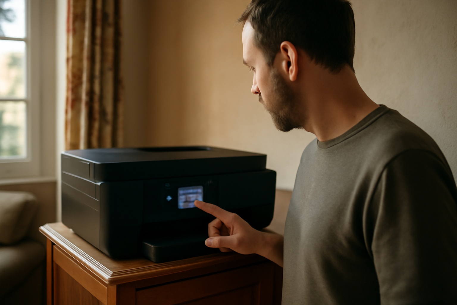 Imprimer wifi direct : écran d’imprimante affichant Wi‑Fi Direct, SSID et clé