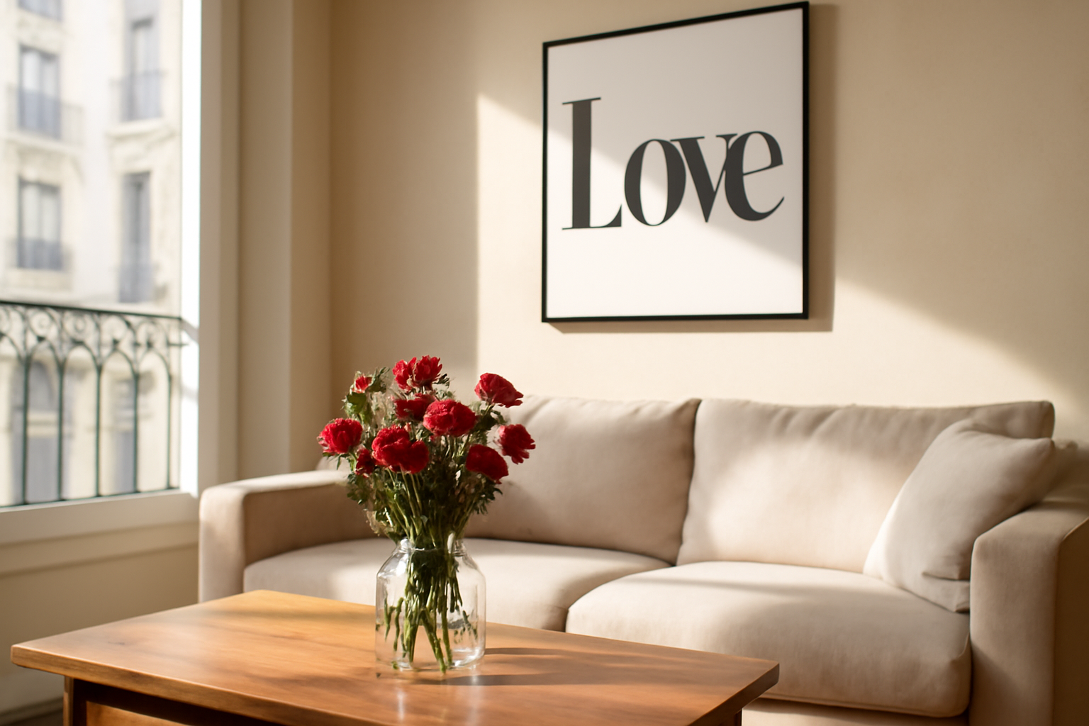 love art : affiche typographique amour encadrée près d’une fenêtre, style photo réaliste