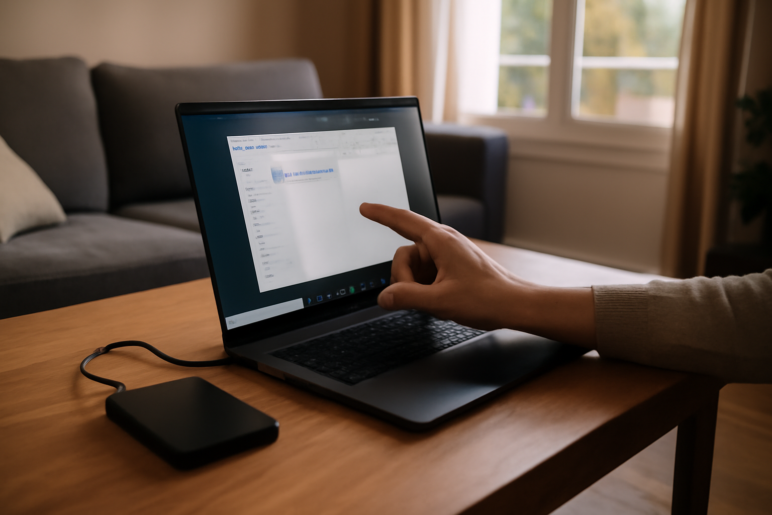 sauvegarde pc sur disque externe branché à un ordinateur Windows dans une pièce lumineuse