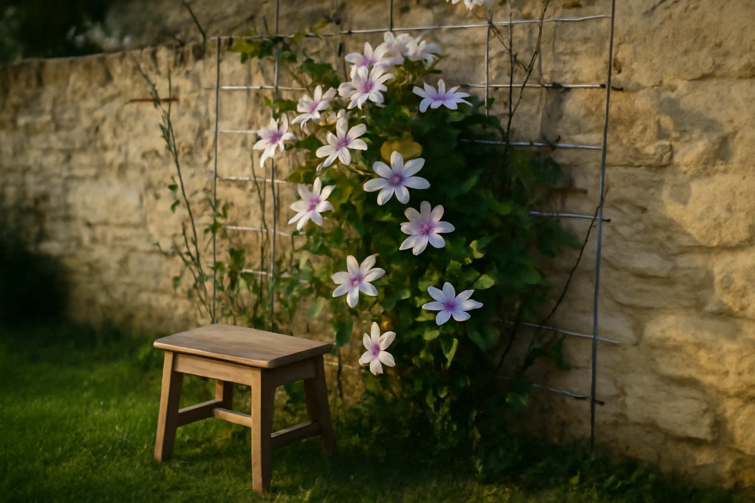 treillis de jardin en métal galvanisé fixé sur un mur avec plantes grimpantes sous une lumière naturelle de fin d’après-midi