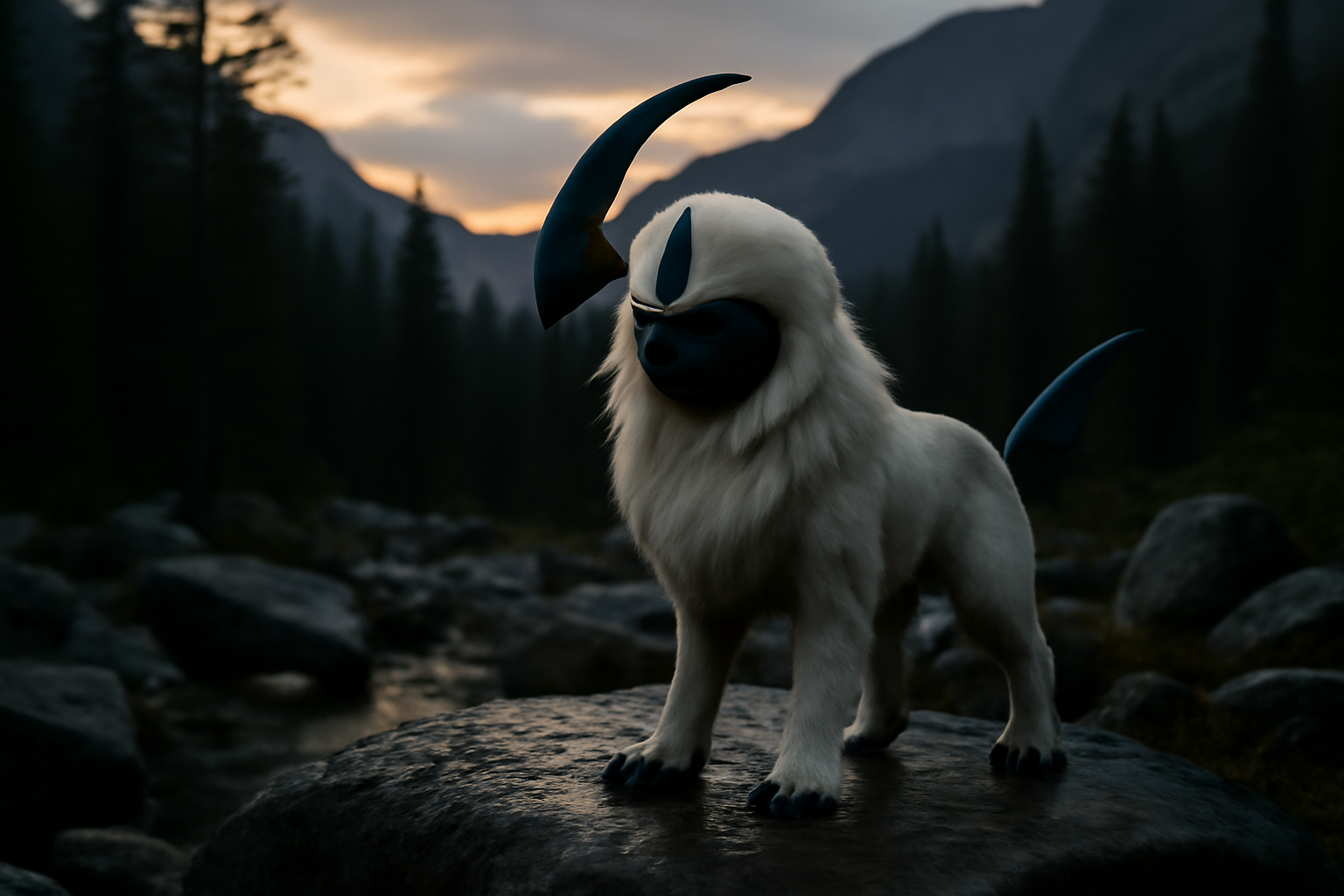 Absol (#359) de type Ténèbres : fourrure claire, collerette et touffe sur la tête dans une zone montagneuse