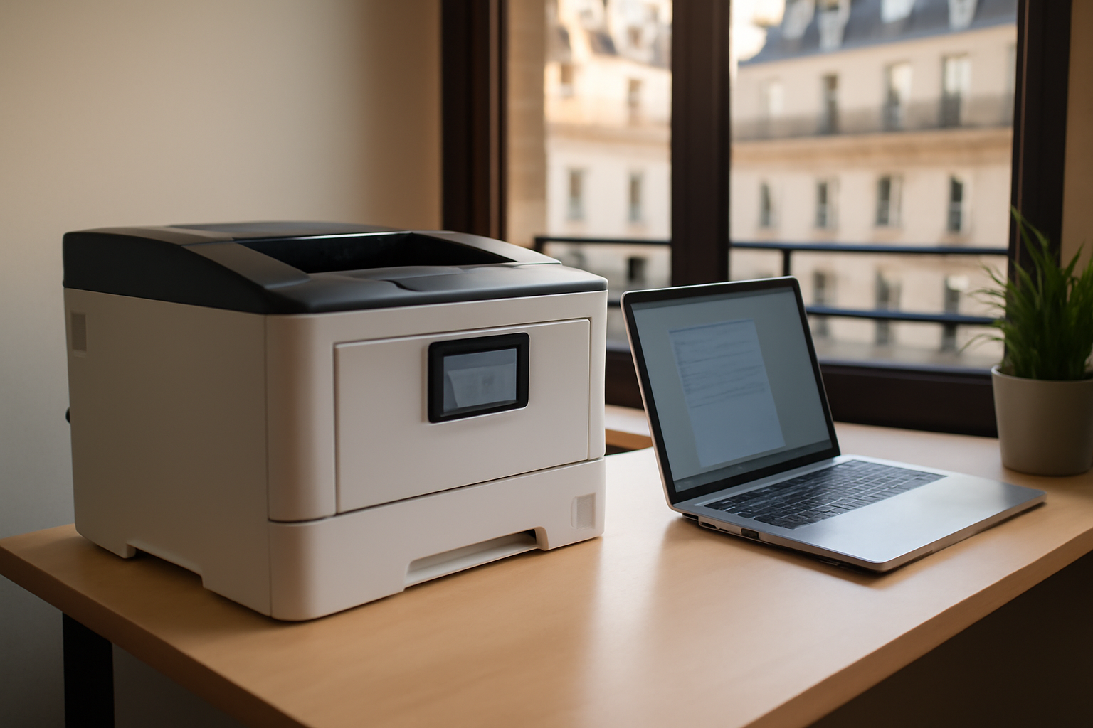 Adresse ip imprimante affichée sur l’écran d’une imprimante réseau dans un bureau lumineux