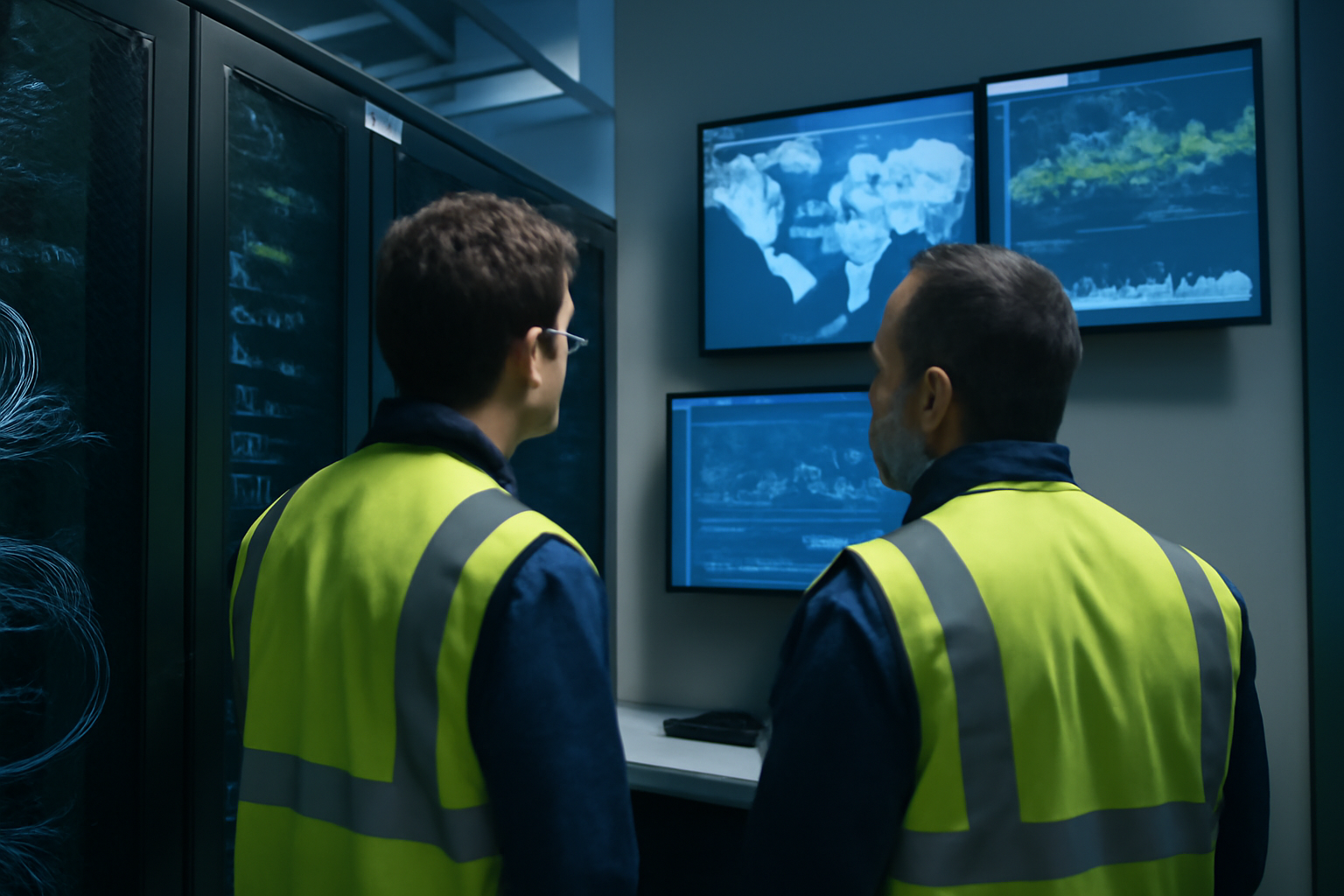 Réseau edge Akamai : techniciens IT devant un tableau de supervision en salle serveurs, éclairage LED bleu, écrans affichant des cartes de trafic