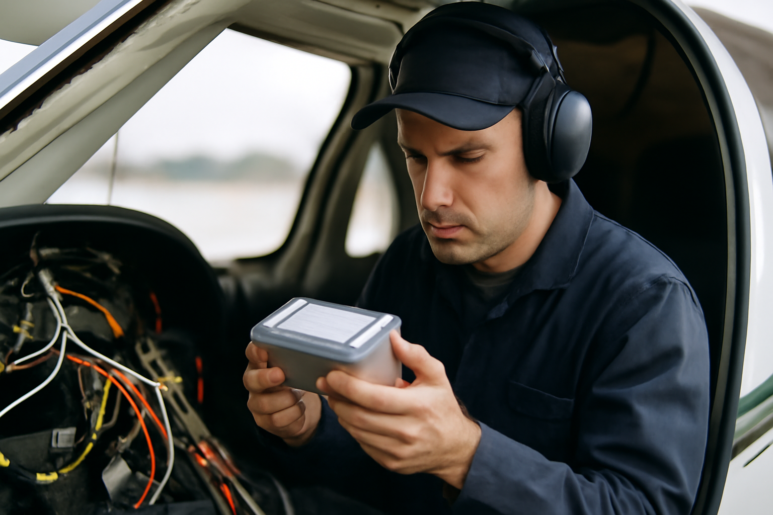 Technicien vérifiant un boîtier d’enregistrement apibox dans un cockpit d’avion