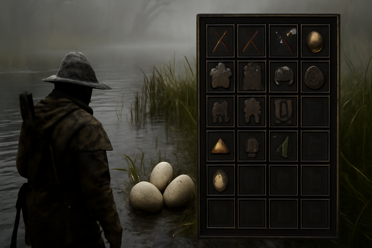comment perdre ses plumes : œufs de quête et inventaire en jeu, scène réaliste dans les Marécages nauséabonds