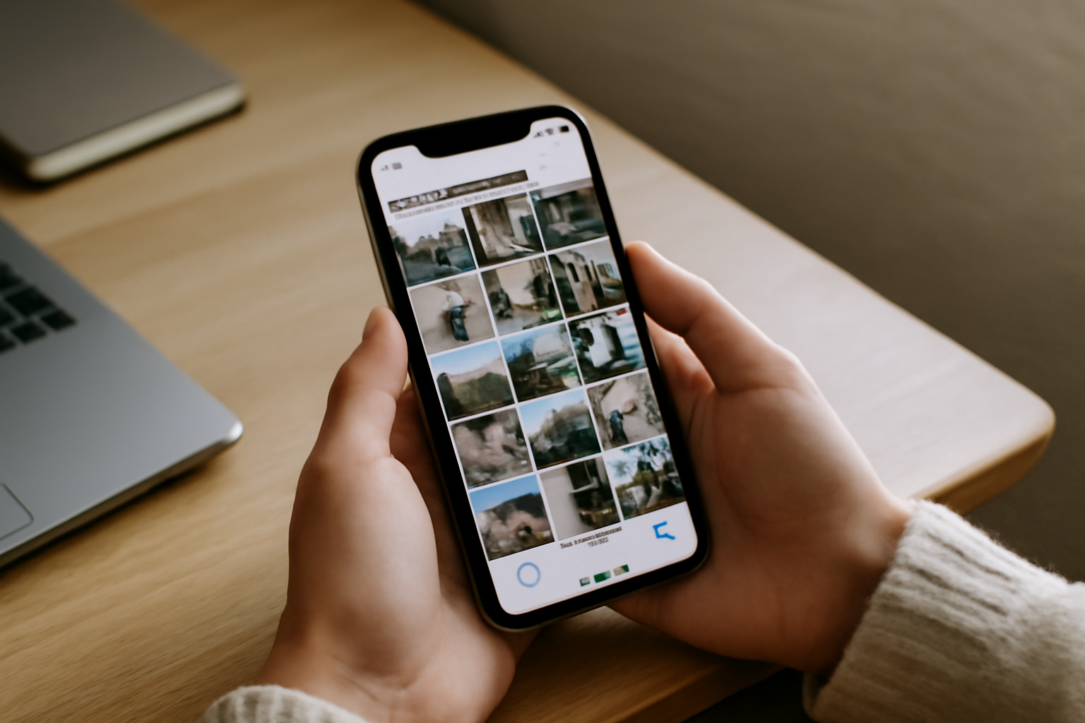 corbeille iphone : écran iPhone montrant Supprimés récemment dans Photos, ambiance bureau lumineux