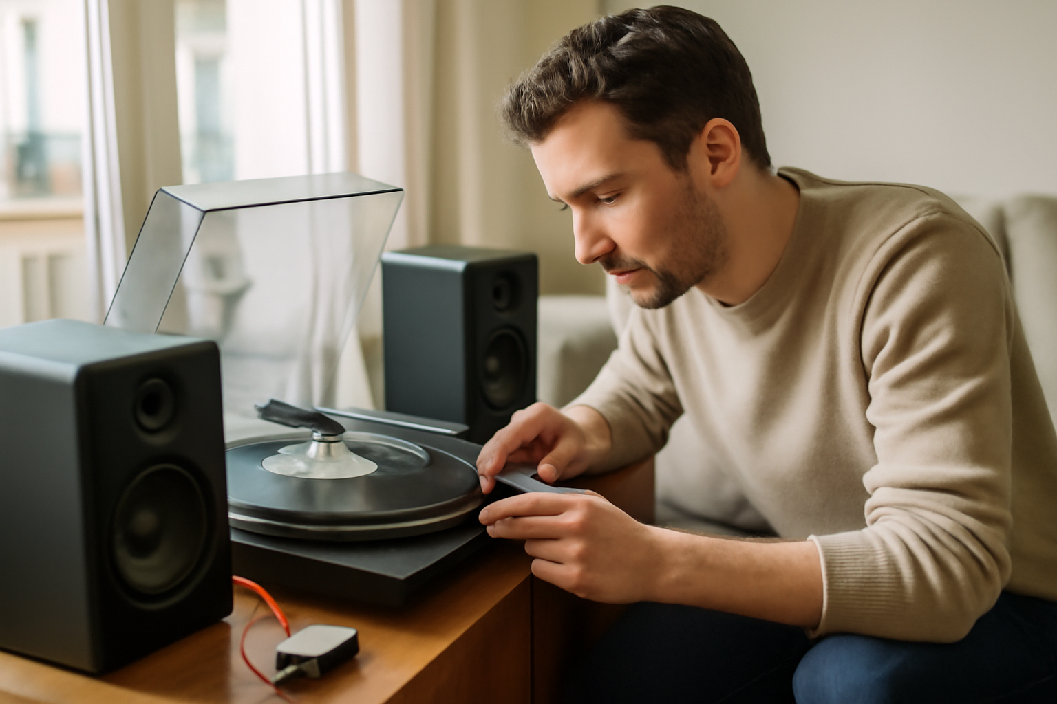 Enceinte pour platine vinyle sur un meuble hi-fi, câbles RCA et préampli phono visibles, lumière naturelle