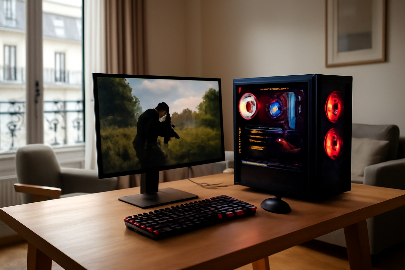gaming computers pc : PC gamer fixe sur un bureau, écran 144 Hz et éclairage LED
