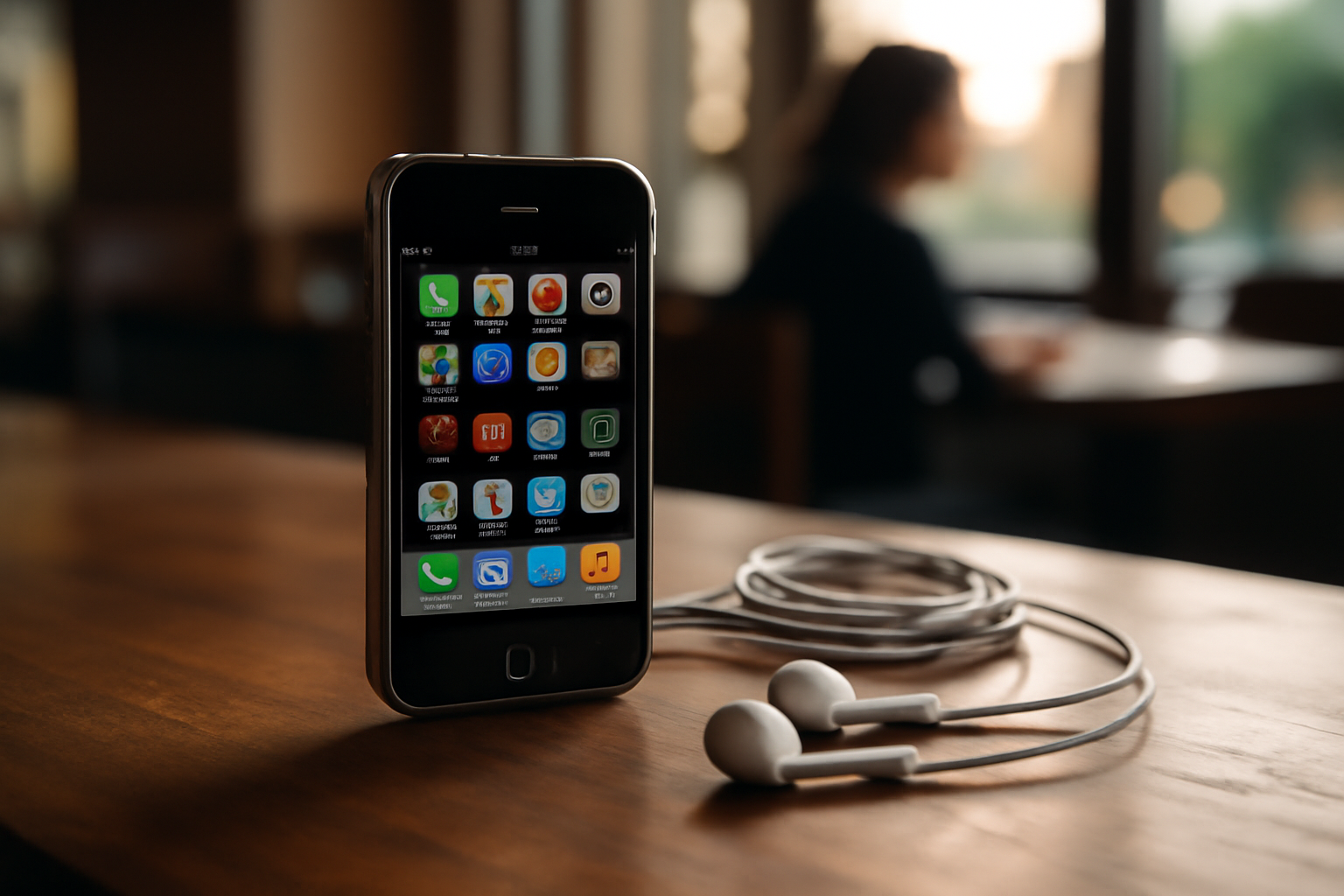 Photo réaliste d’un iPhone ancien posé sur une table en bois, avec un écran allumé affichant l’interface d’époque et une lumière douce de fin d’après-midi, ambiance bureau