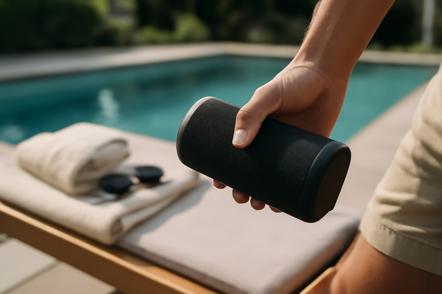 meilleur enceinte bluetooth portable en extérieur près d'une piscine, lumière du matin