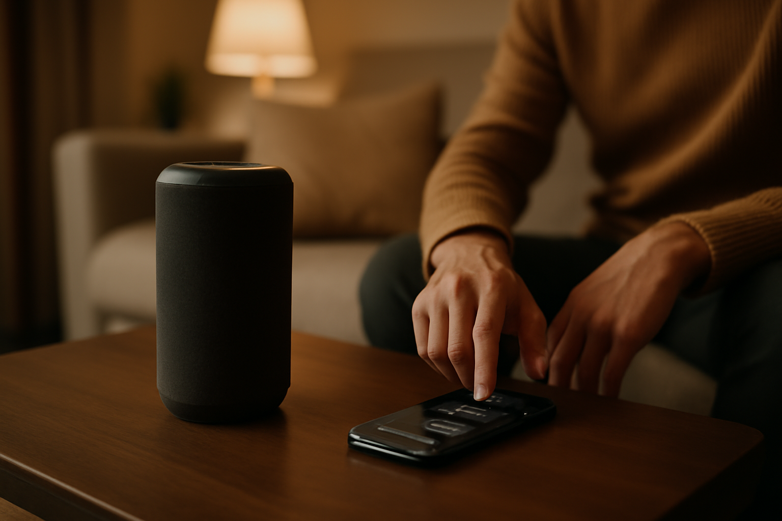comparatif meilleur enceinte bluetooth : affichage sur smartphone et enceinte en intérieur salon