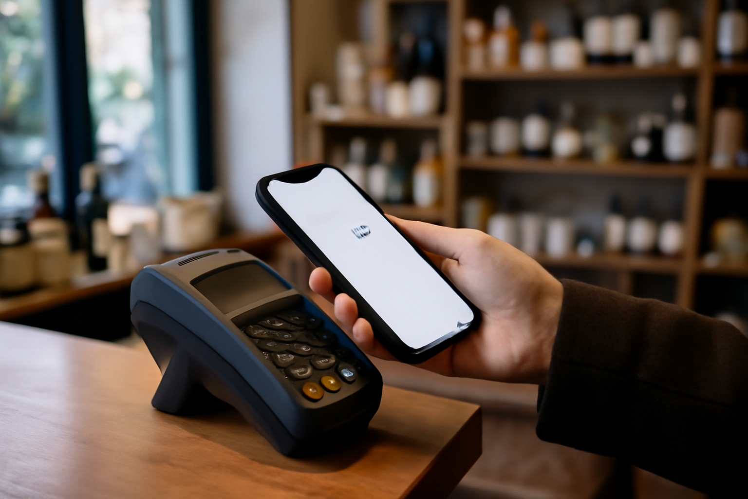 nfc iphone : iPhone proche d’un terminal de paiement sans contact