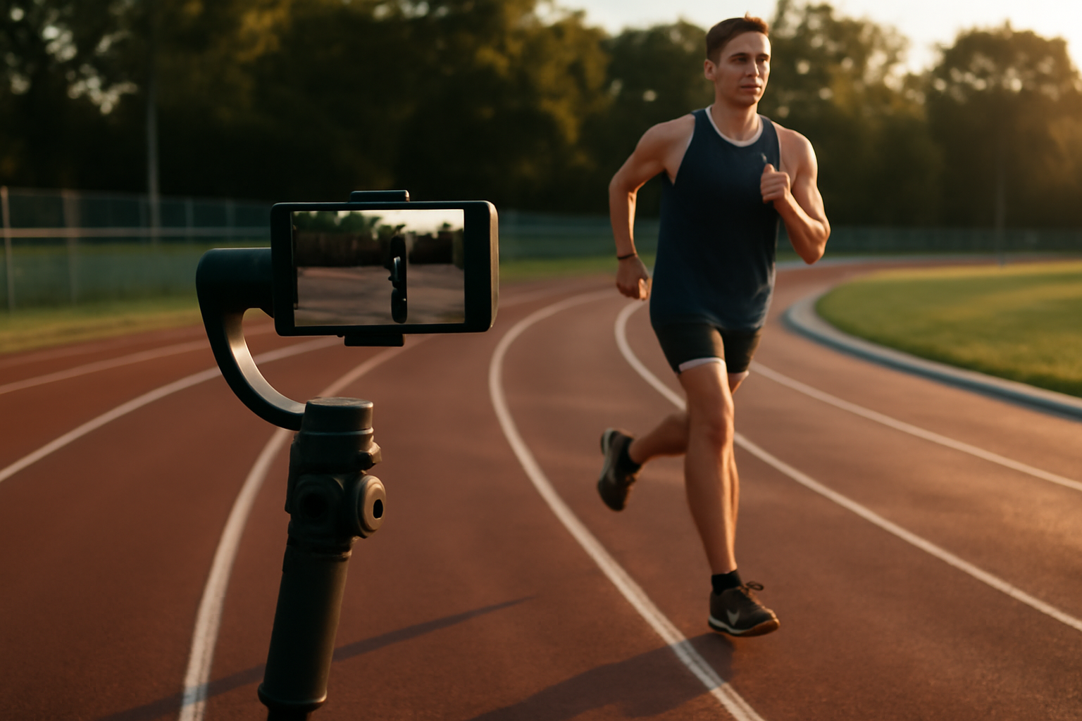 open camera avec vitesse en course : coureur en mouvement, smartphone en gimbal sur piste sous lumière du jour