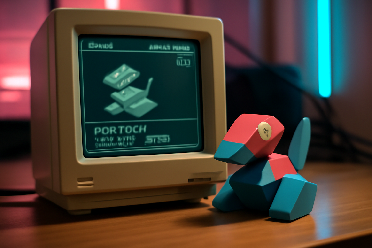 porygon, figurine et écran rétro affichant le Pokédex, ambiance cyberespace, lumière néon réaliste