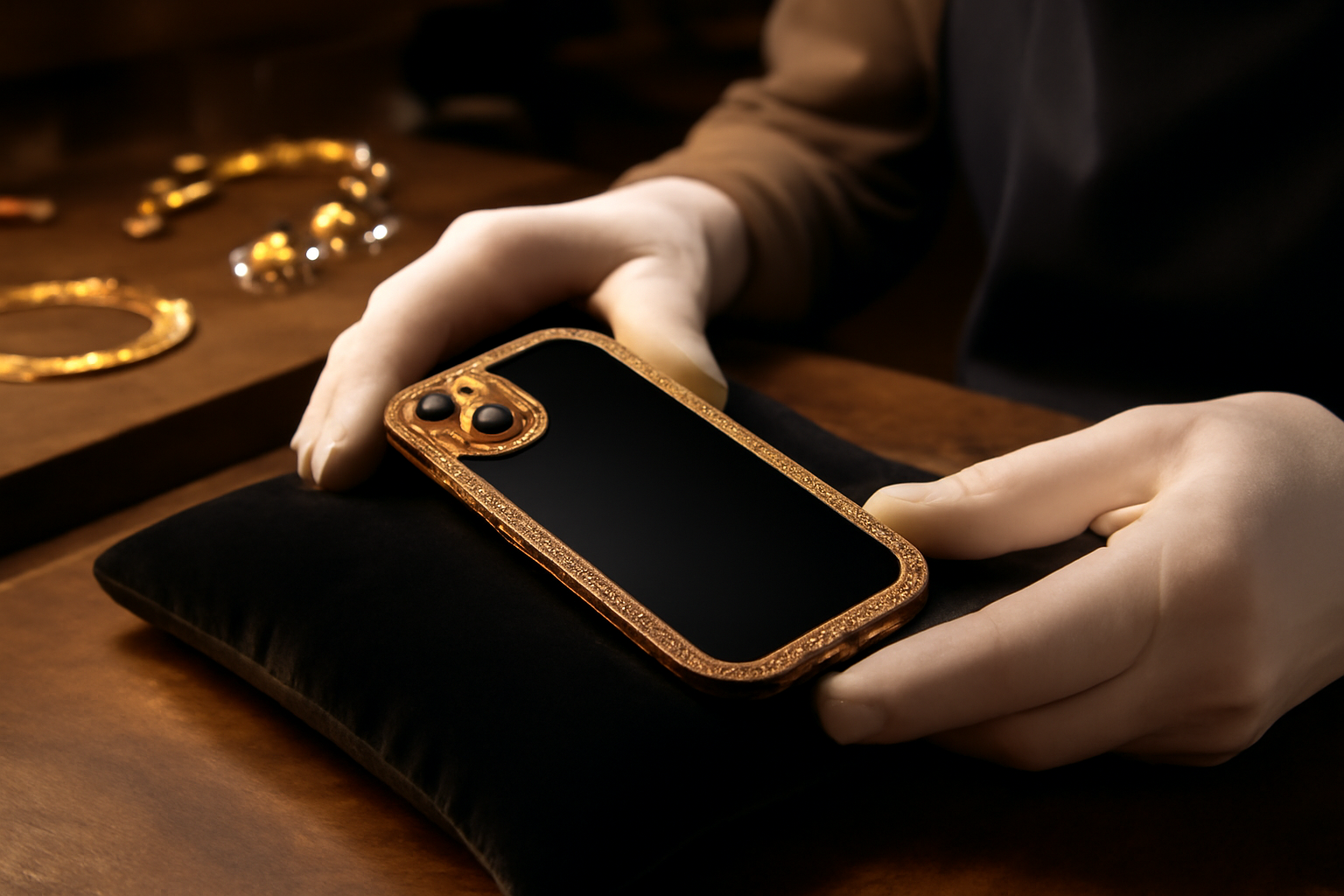 téléphone le plus cher du monde en 2025, smartphone de luxe serti de pierres précieuses sur un écrin en atelier