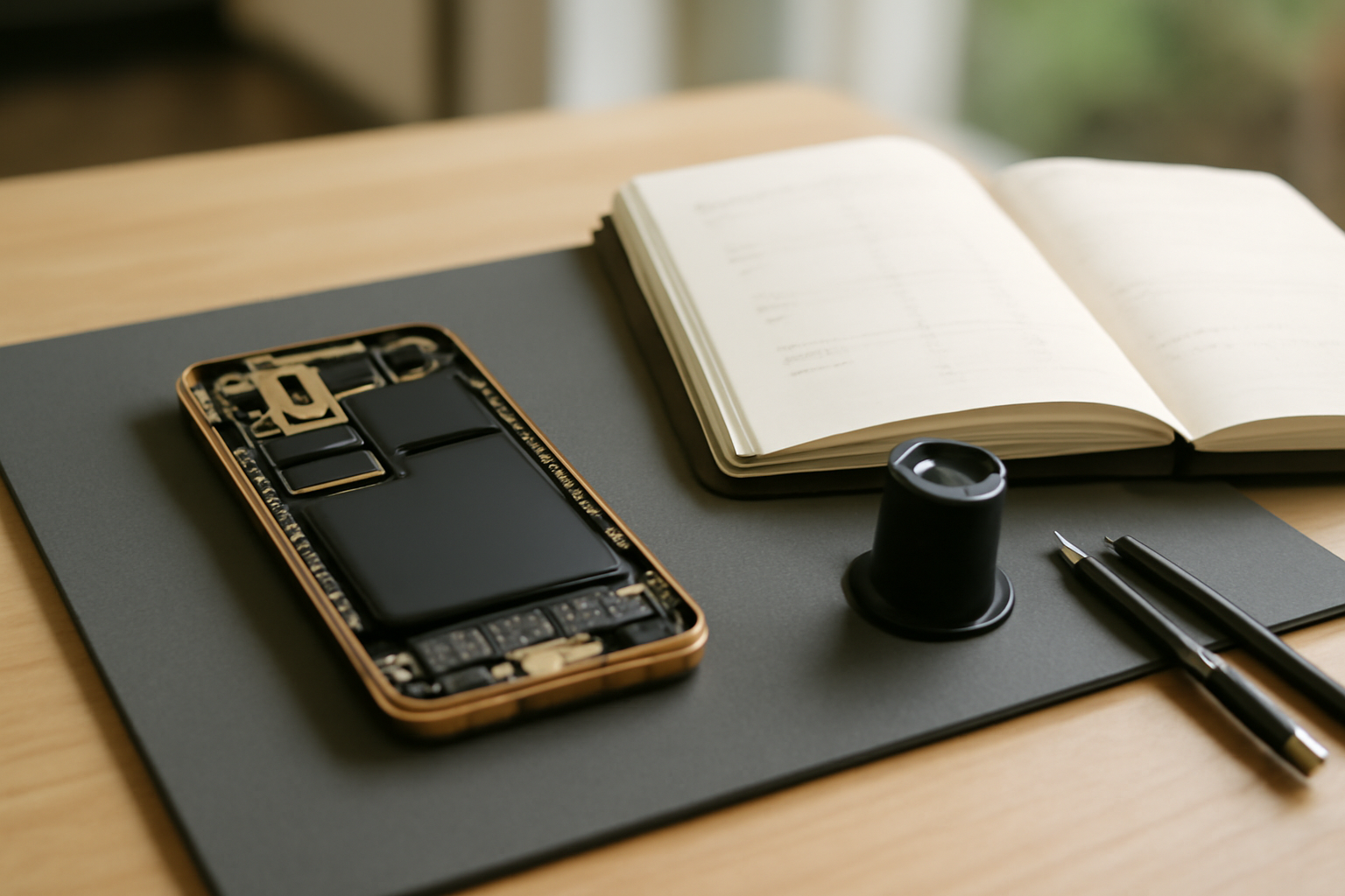 classement 2025 des téléphones de luxe, écran de smartphone haut de gamme posé sur un carnet de suivi d’atelier