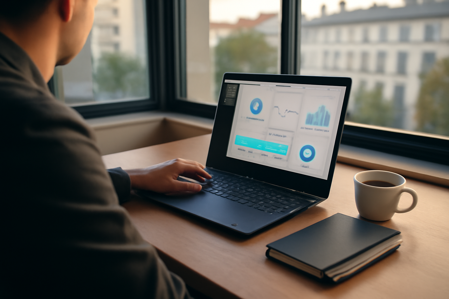 thinkpad lenovo computer sur un bureau en France, clavier rétroéclairé et écran affichant un tableau de bord SaaS