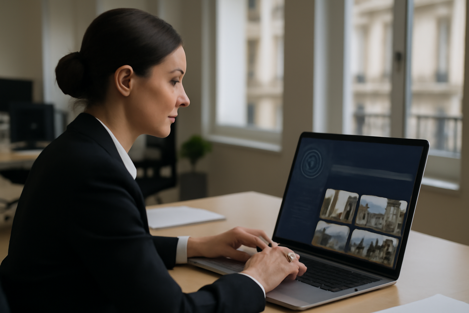 venise ai : bureau professionnel avec écran affichant une interface d’IA pour texte et images, lumière naturelle, style photo réaliste