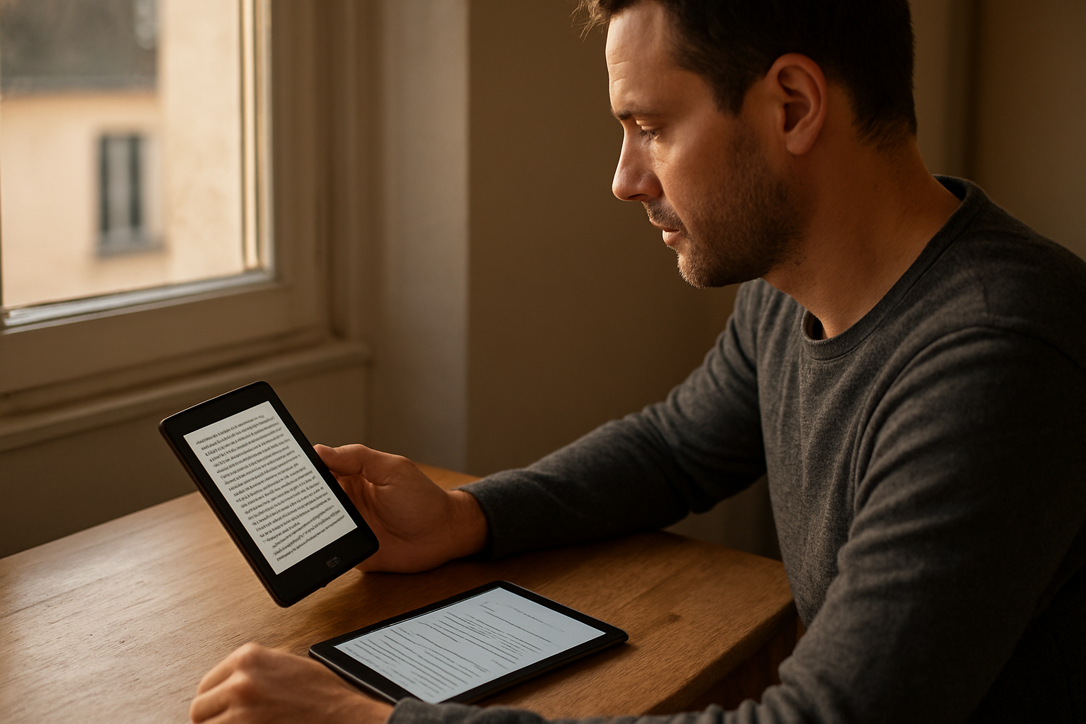 Lecture sur liseuse Kindle avec bibliothèque synchronisée sur une tablette, lumière naturelle près d’une fenêtre
