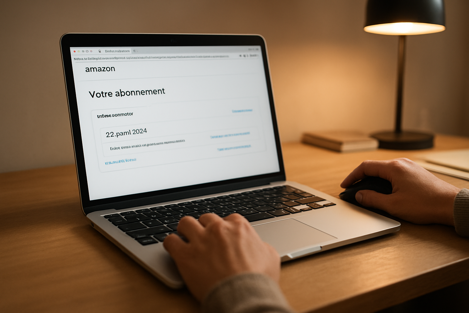 Compte Amazon affichant la date de renouvellement d’un abonnement Kindle sur un ordinateur portable, mains tenant une souris