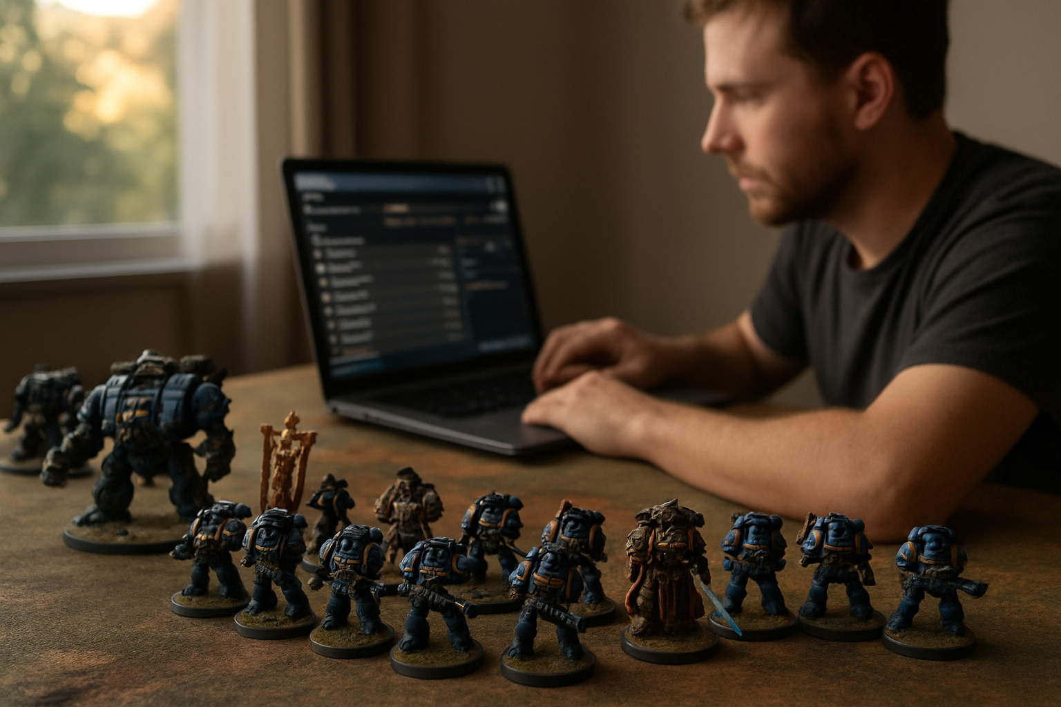 Joueur de Warhammer 40,000 consultant une liste sur un ordinateur avec des figurines sur une table