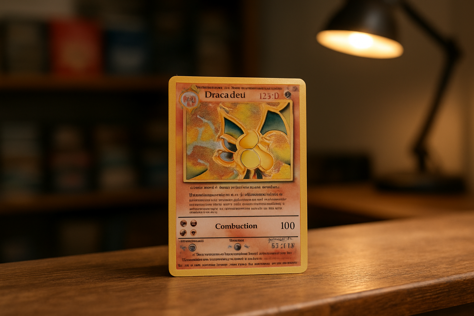 Photo réaliste d’une carte Dracaufeu dans une vitrine, avec gros plan sur les coins et la surface brillante sous une lampe