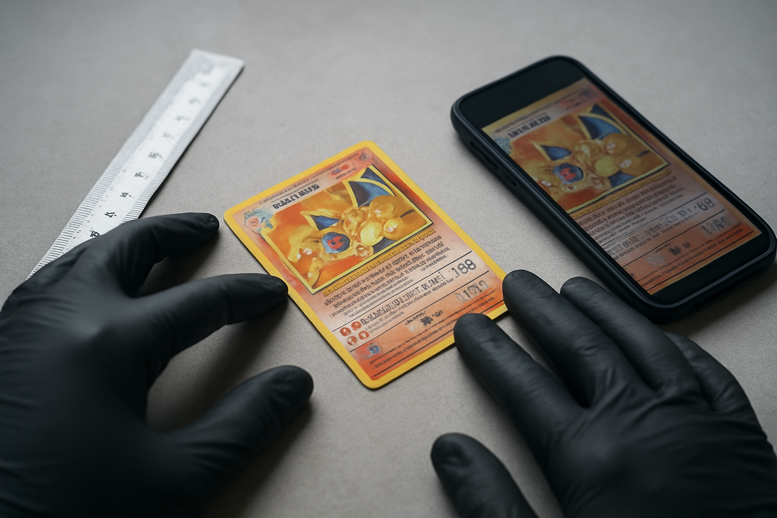 Checklist visuelle pour évaluer l’état d’une carte Dracaufeu : coins, bords et surface