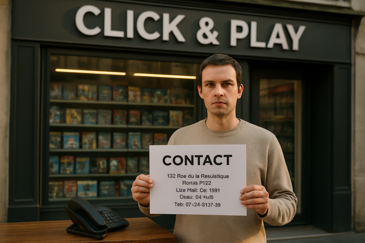 Vendeur devant une boutique de jeux vidéo Click & Play avec pancarte Contact, téléphone et horaires visibles