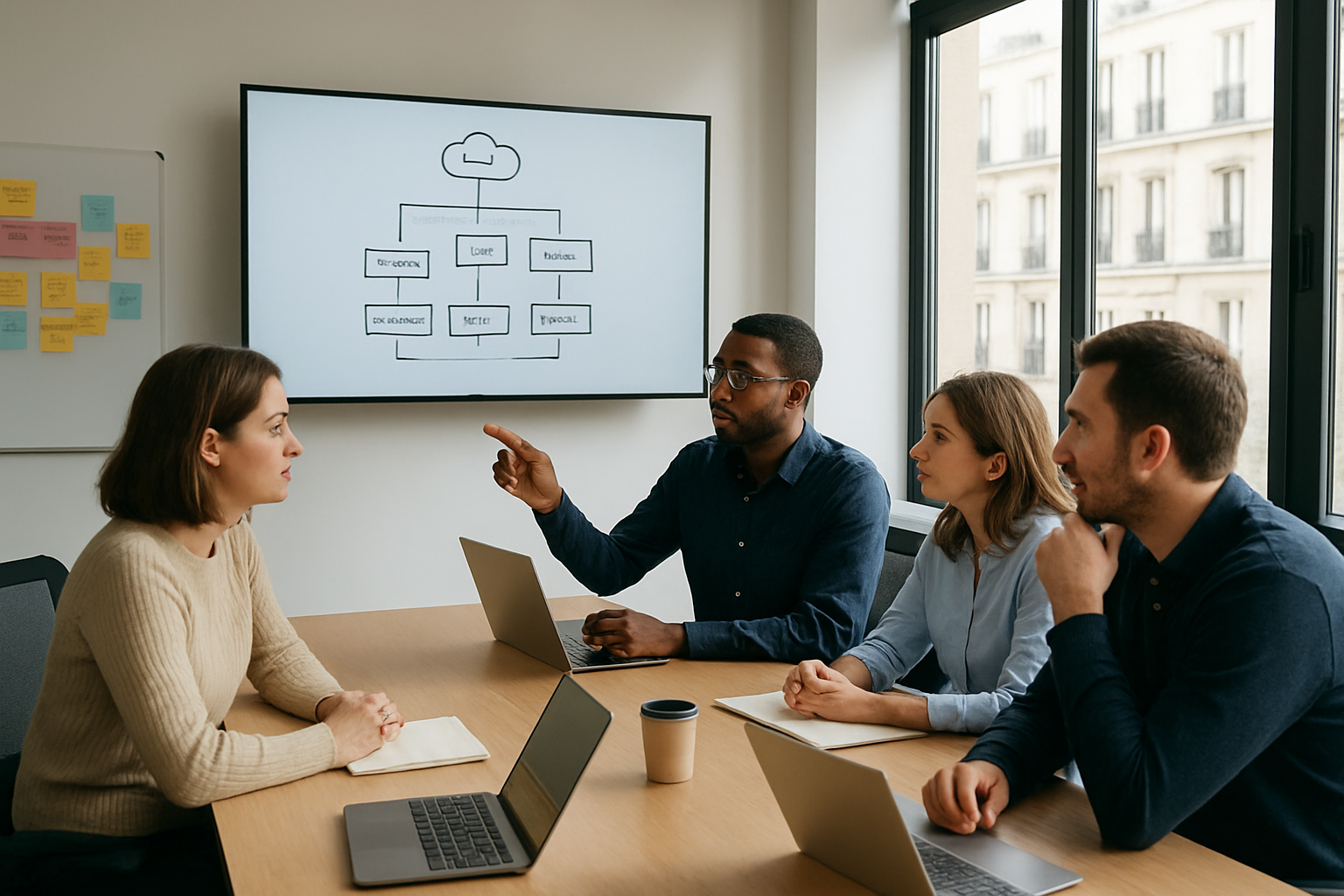 Équipe technique discutant du développement SaaS sur mesure dans un atelier produit