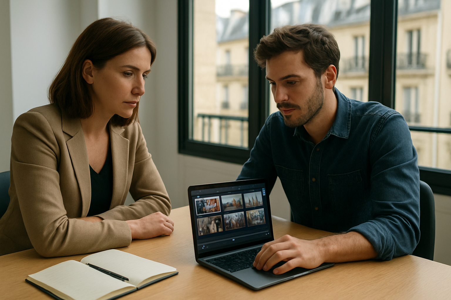 Équipe marketing testant un générateur de vidéos IA sur un écran, interface de génération vidéo, lumière de bureau réaliste