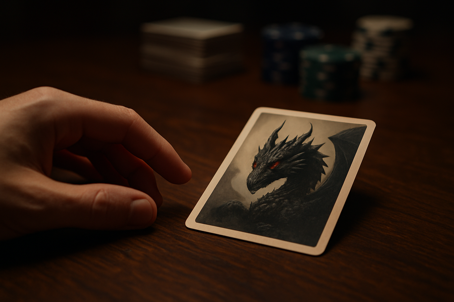 Dragon noir aux yeux rouges sur une fiche officielle de carte, éclairage studio, arrière-plan sombre
